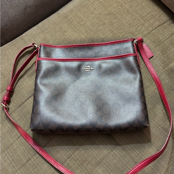 Coach Handbags - COACH Brown Signature Crossbody with Pink Trim and Strap